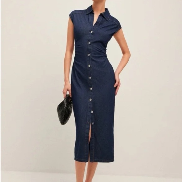 NWT COMMENSE V-Neck Navy Denim Button Down Sleeveless Midi Dress XS - Picture 2 of 8